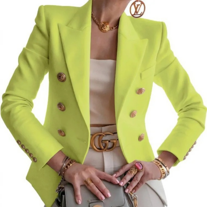 Women's elegant double-breasted blazer. Vintage fashion jacket for formal events, work, or smart casual style.