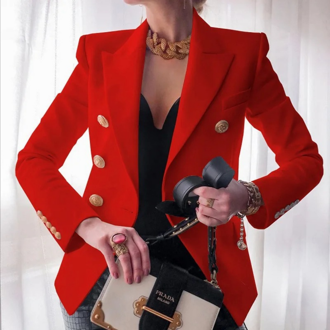 Fashionable women's double-breasted jacket. Vintage blazer, ideal for workwear, elegant outerwear, or casual chic.