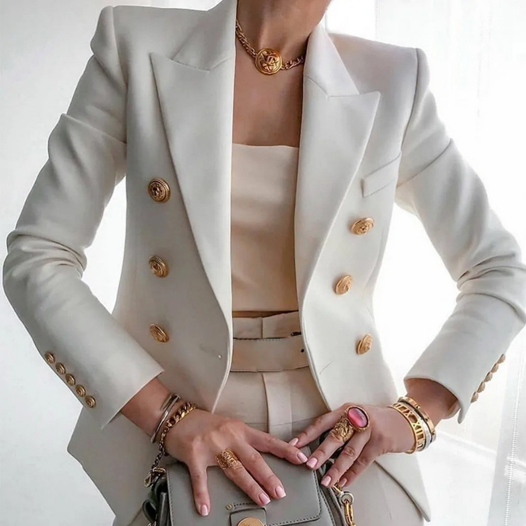 Classic double-breasted women's blazer jacket. Stylish vintage fashion for work, outerwear, or elegant occasions.