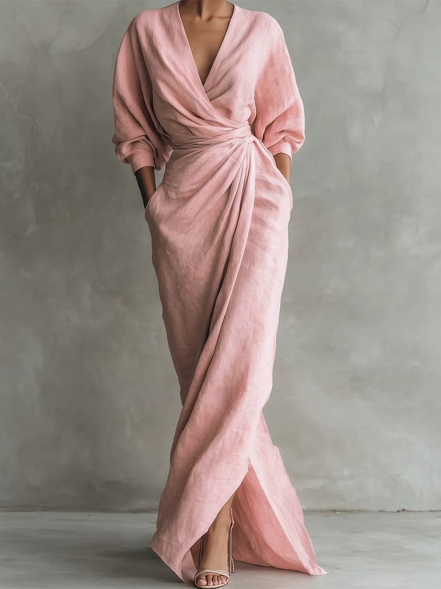 Chic women's wrap maxi party dress with a flattering V-neck, perfect for elegant evening occasions & formal events.