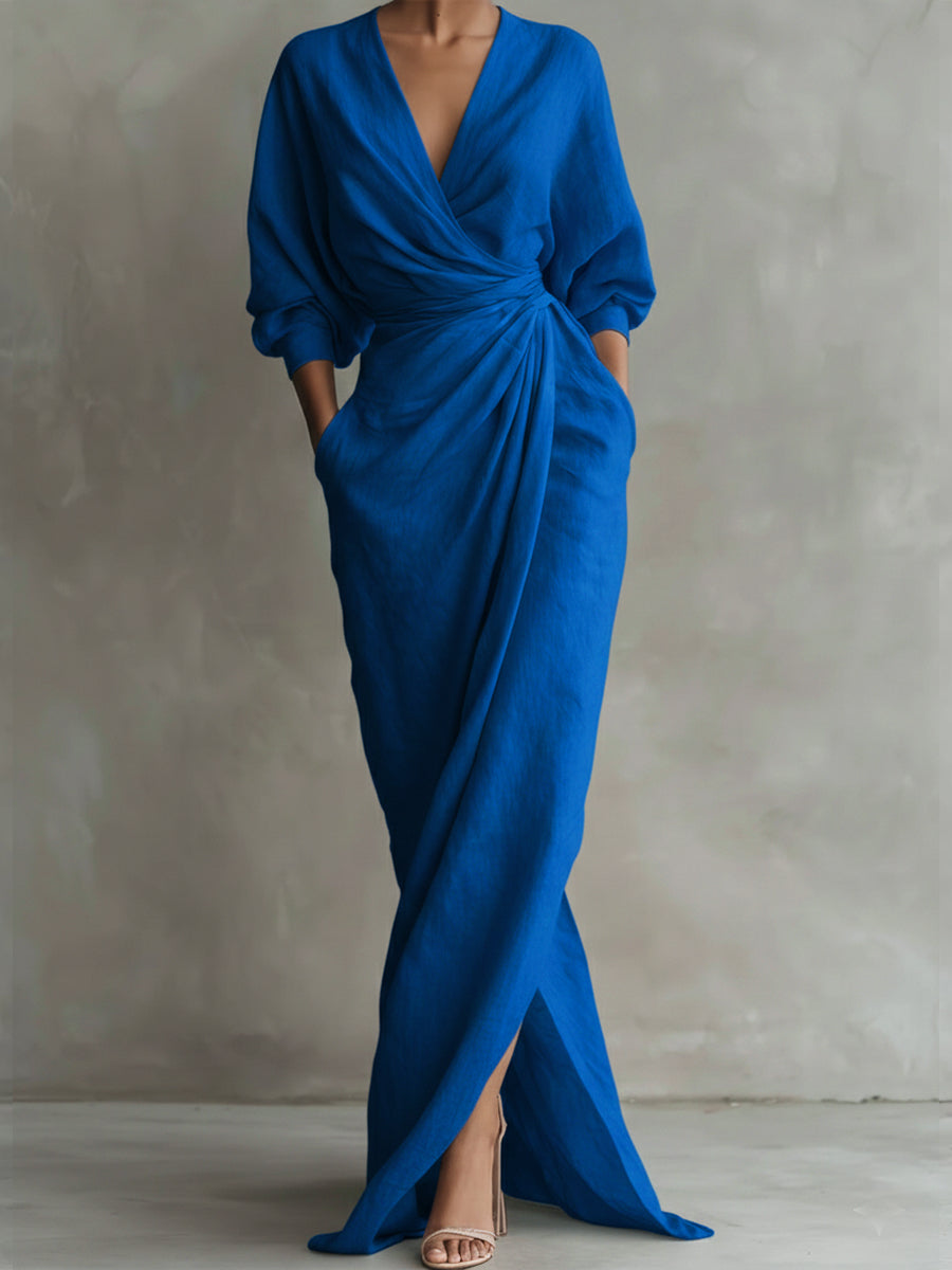 Elegant long wrap party dress for women, ideal for cocktail parties, special occasions, and sophisticated evenings.