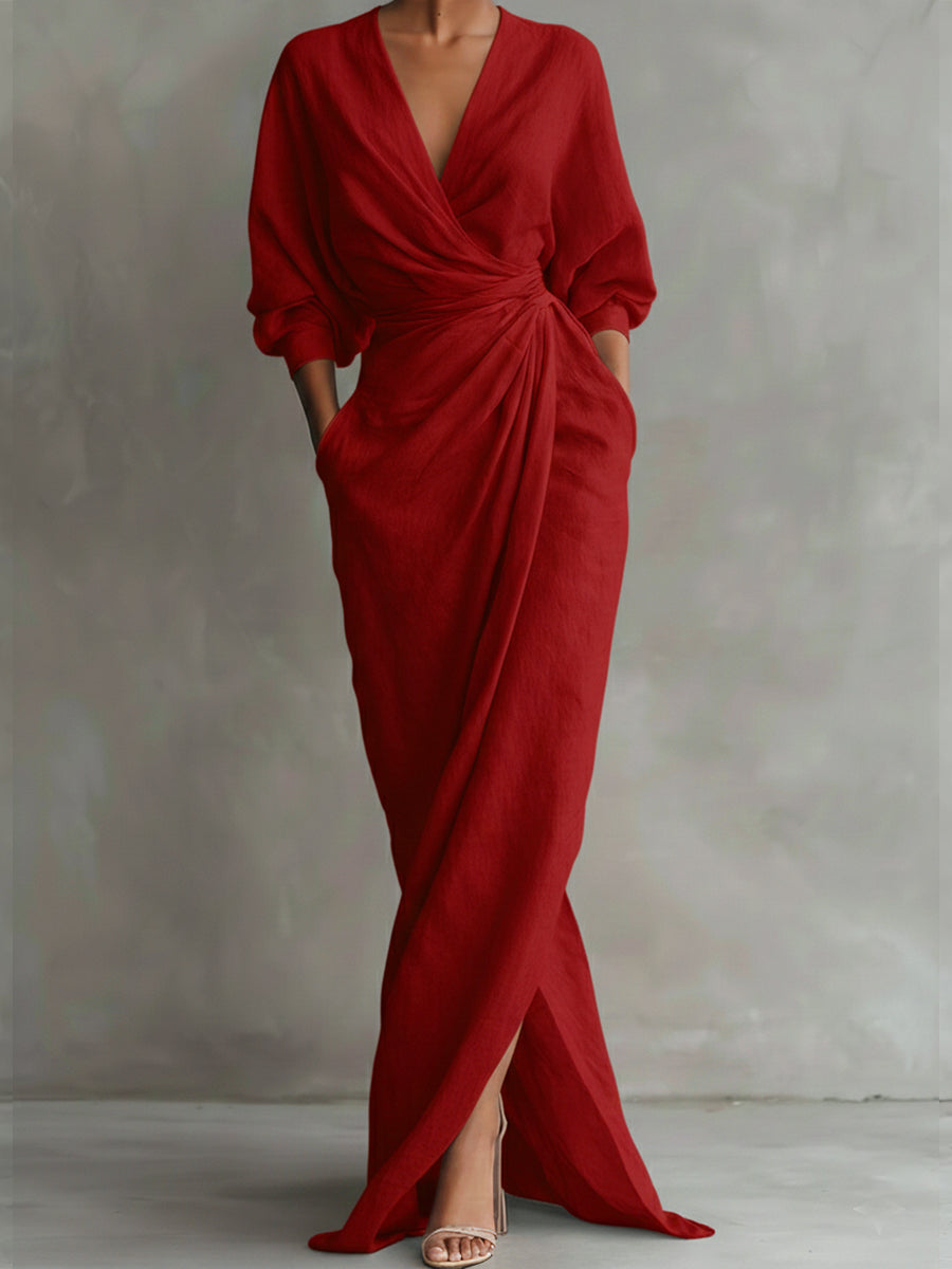 Flowy feminine wrap maxi dress for women, featuring a comfortable design & chic look for formal or party wear.