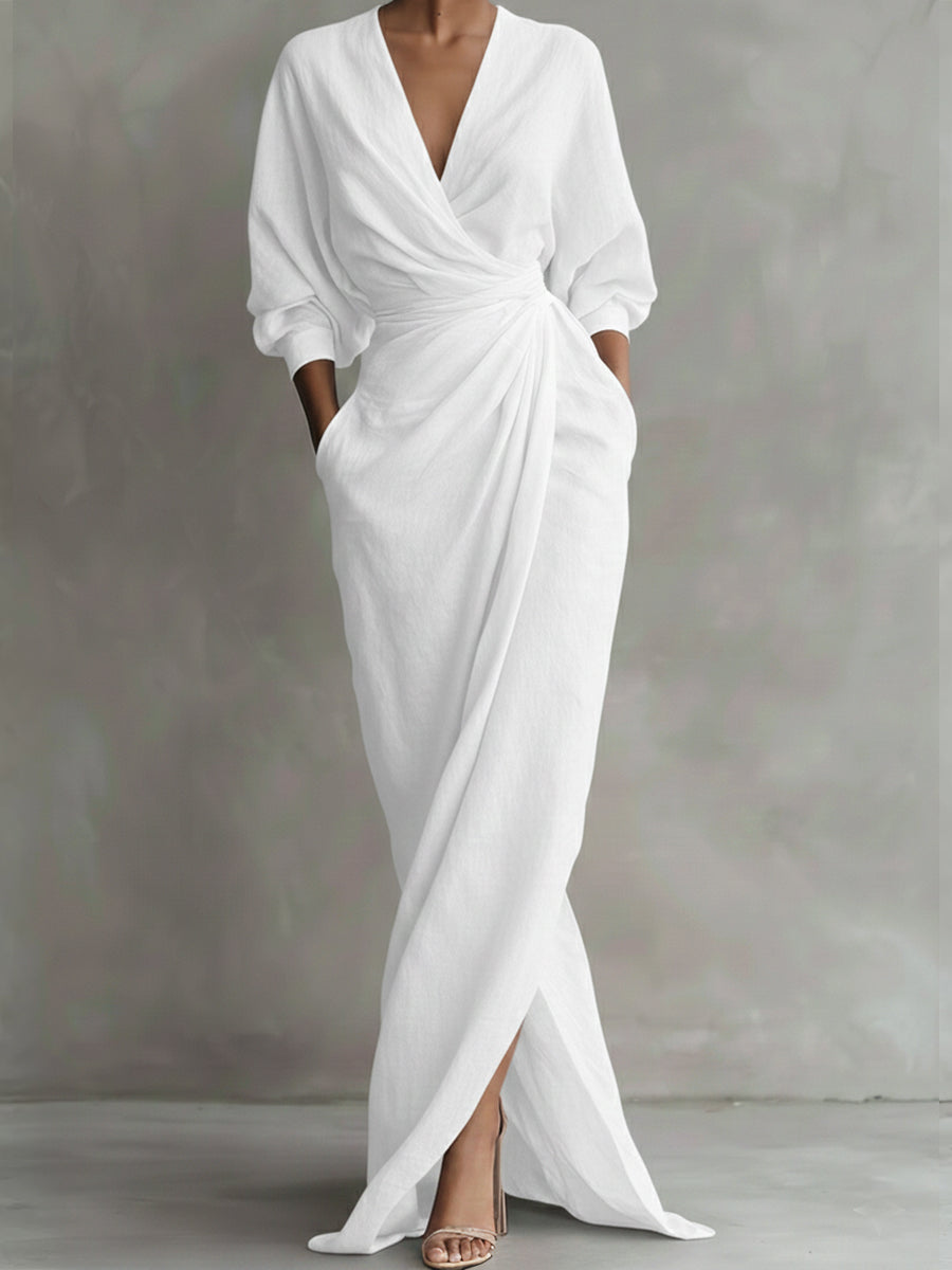 V-neck wrap maxi dress, a stylish and elegant women's party gown, perfect for formal events and special occasions.