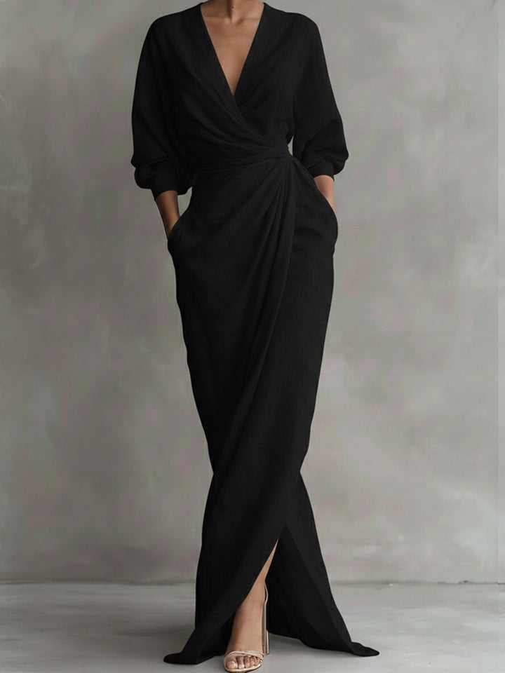 Stylish women's evening wrap dress, a long party gown designed for elegance and comfort at any special occasion.