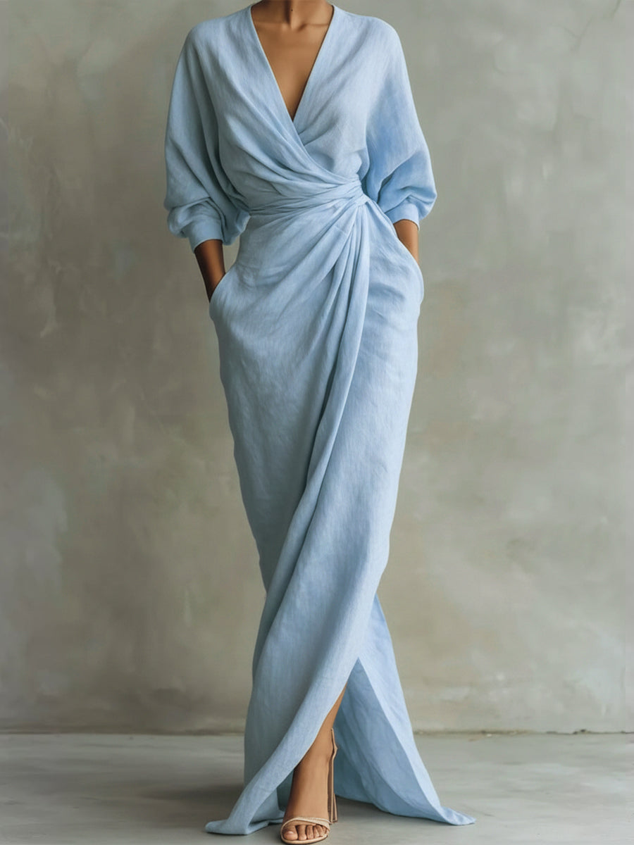 Chic women's formal wrap maxi dress, an elegant long party gown suitable for evening events and sophisticated gatherings.