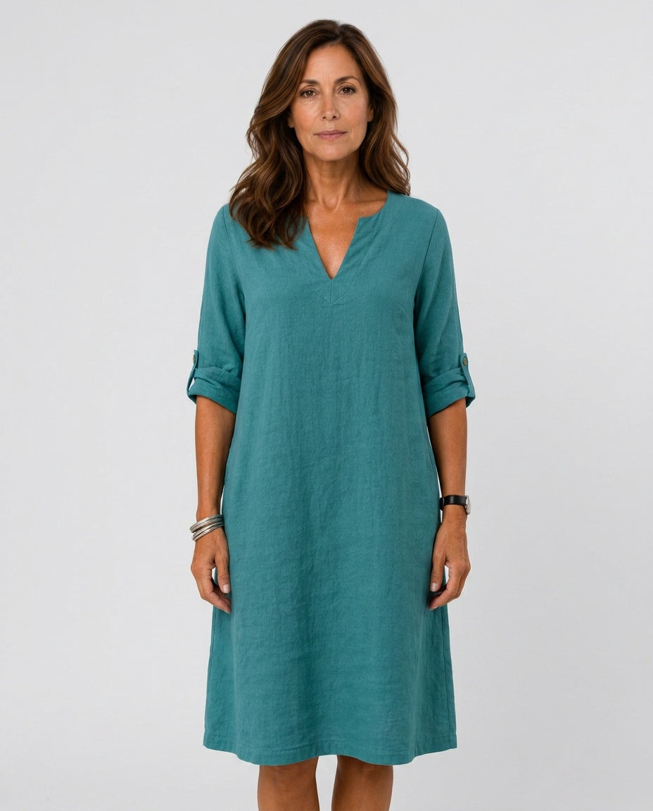 Women's turquoise V-neck midi dress with roll-tab sleeves, relaxed fit, perfect for casual summer everyday wear.