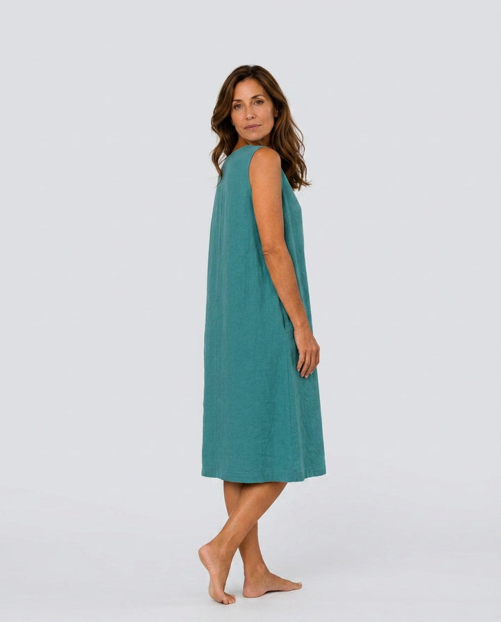 Relaxed fit V-neck midi dress for women featuring roll-tab three-quarter sleeves, ideal for versatile casual styling.