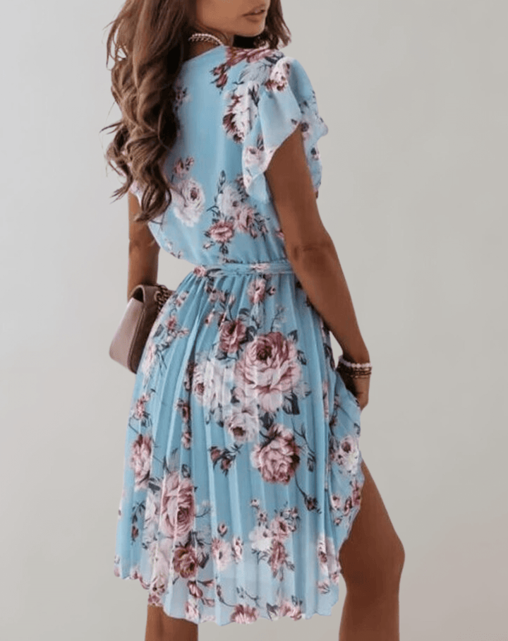 Stylish women's floral midi wrap dress, ideal for races, spring garden parties, and elegant summer events.