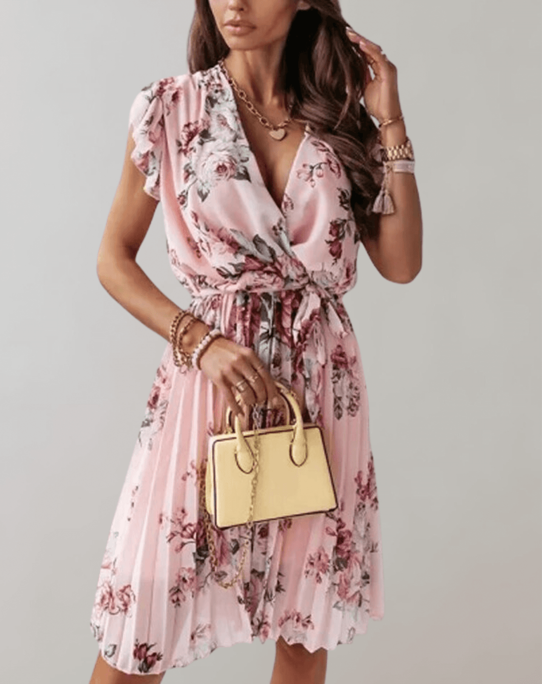 Flowing A-line floral wrap midi dress for women, featuring a flattering V-neck, perfect for elegant events.