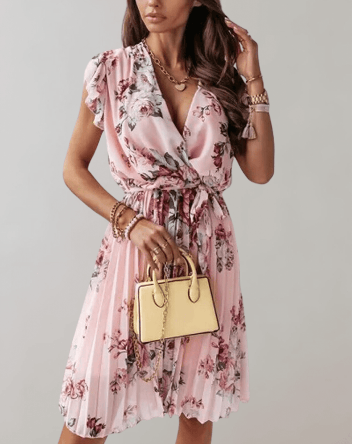 Flowing A-line floral wrap midi dress for women, featuring a flattering V-neck, perfect for elegant events.