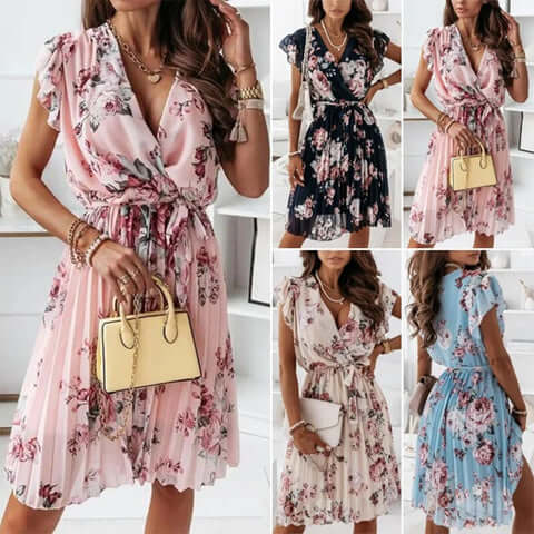 Chic women's floral spring/summer midi wrap dress, an elegant choice for races, parties & special events.