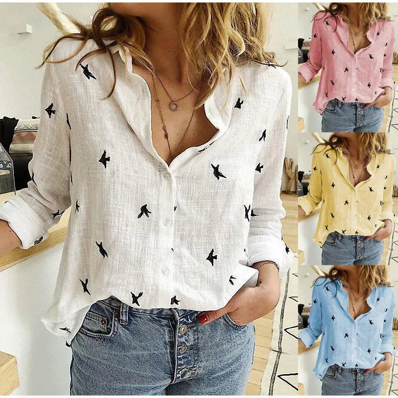 Refined women's long sleeve top, button-up design with a beautiful bird print. Office & casual.