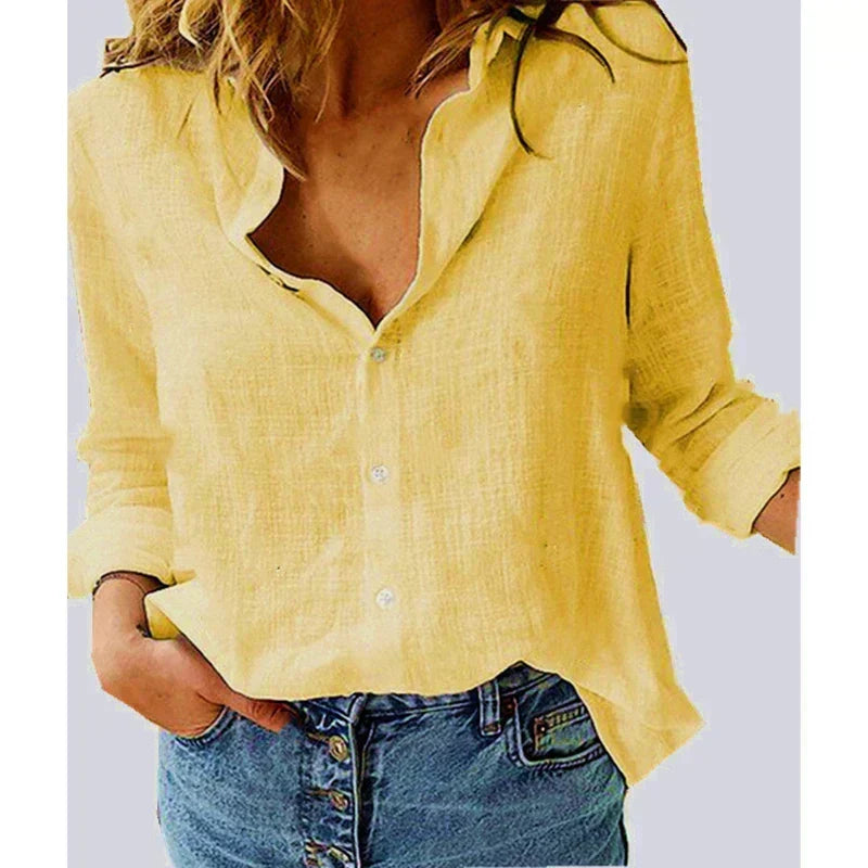 Chic women's bird print button-up blouse with long sleeves. Casual yet refined style.