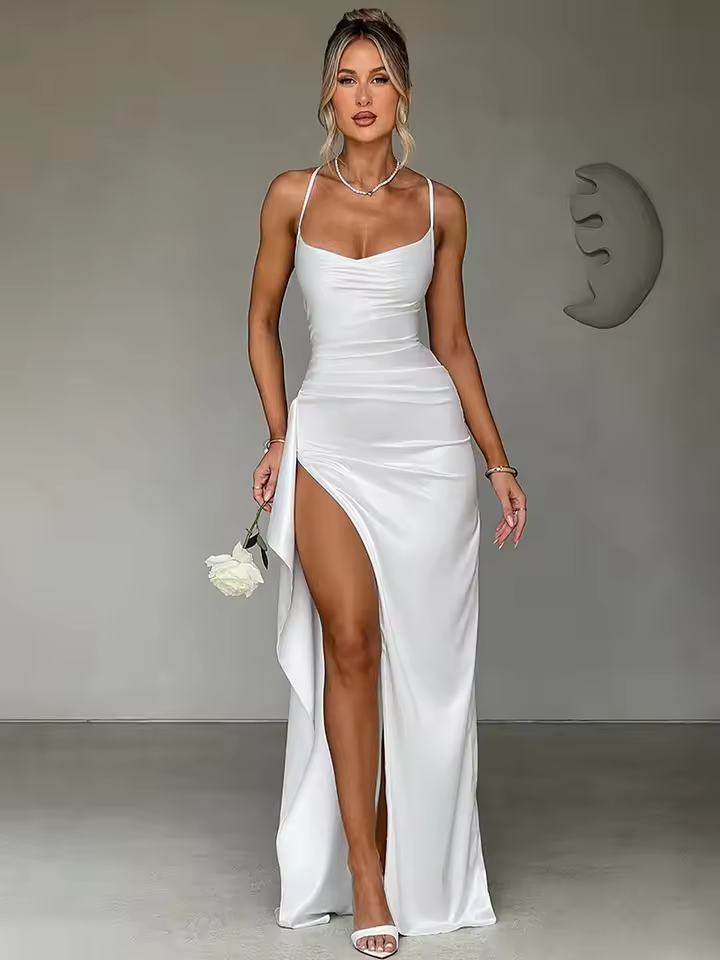 Elegant women's sleeveless cowl neck maxi cocktail dress with a high slit, perfect for formal evening parties.