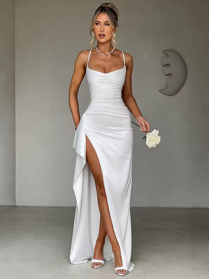 Sophisticated women's high-slit maxi evening dress with a cowl neck, ideal for special occasion parties.