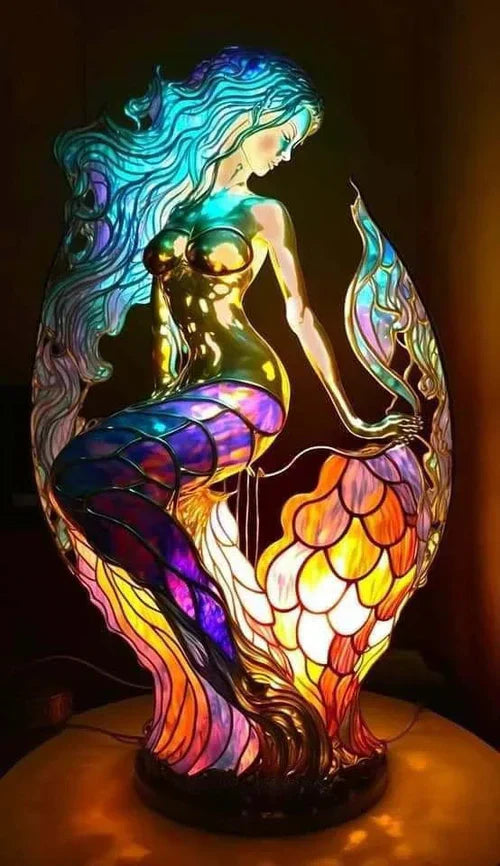 Cute squirrel lamp, VitraFauna artistic accent, whimsical stained glass style lighting.