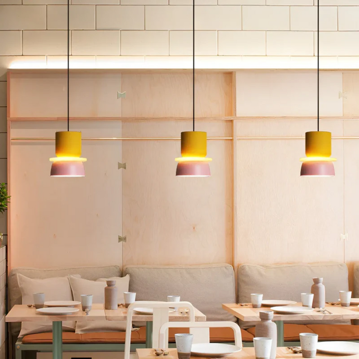 VividGlow macaron LED pendant light in a contemporary living room setting