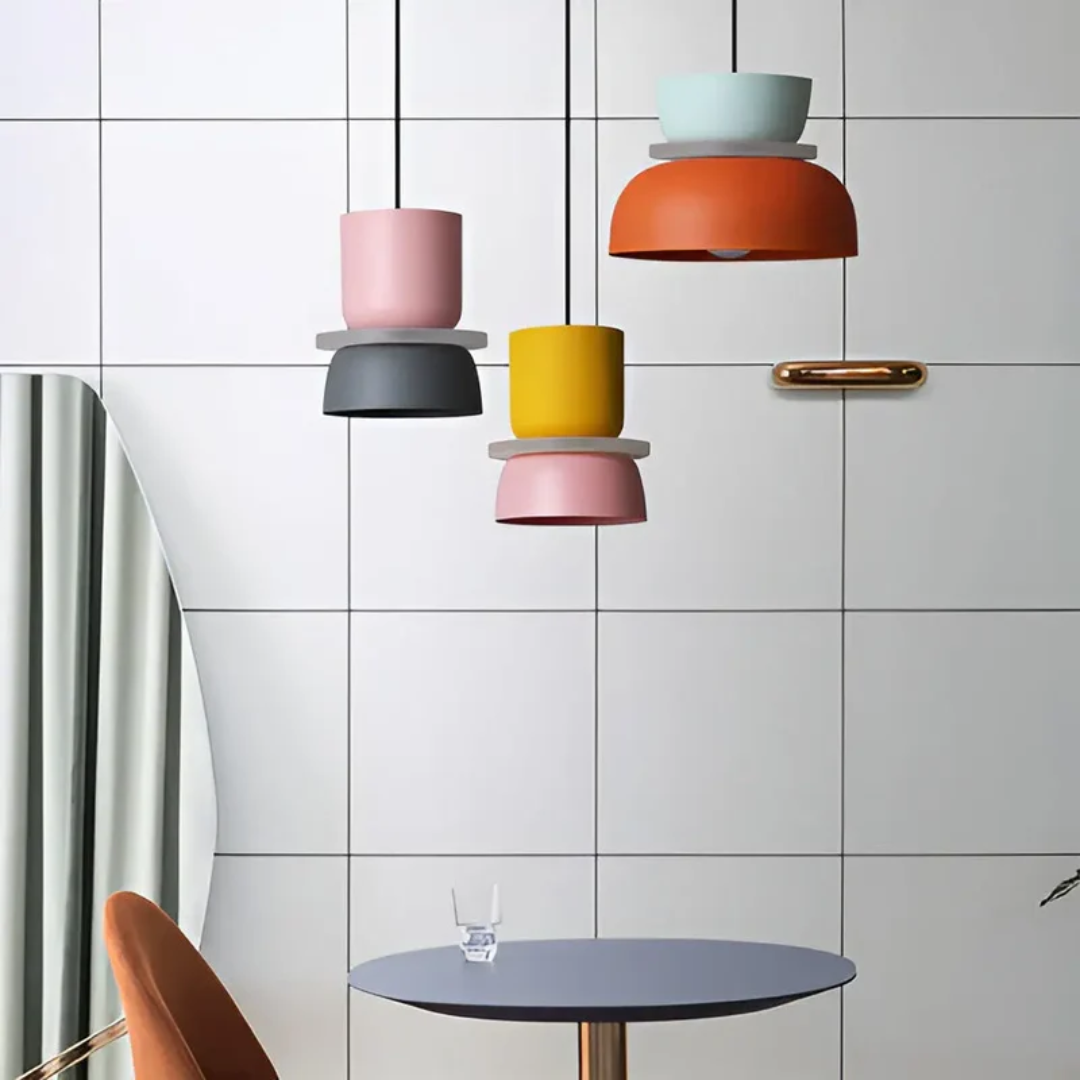 VividGlow macaron LED pendant light over a dining table, ambient lighting