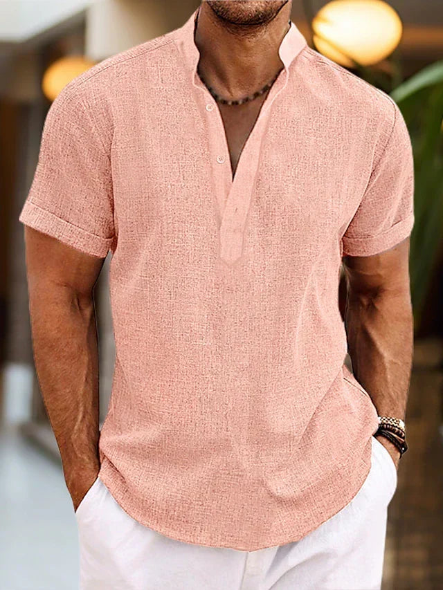 Men's short sleeve henley shirt, perfect for summer comfort & casual wear.