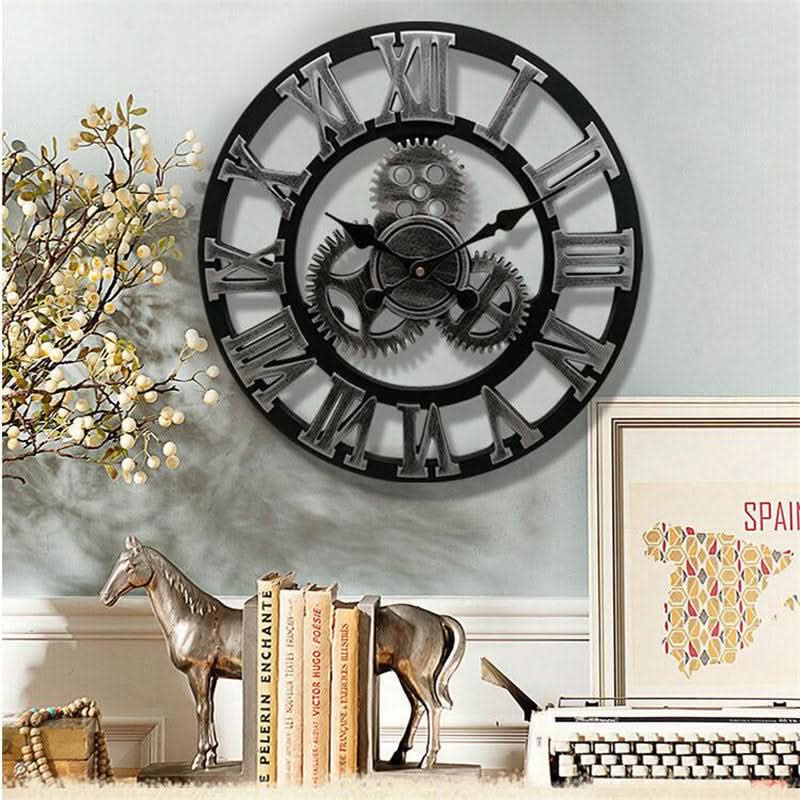 MDF Industrial Wall Clock for living room decor. Large round retro design, accurate quartz movement.