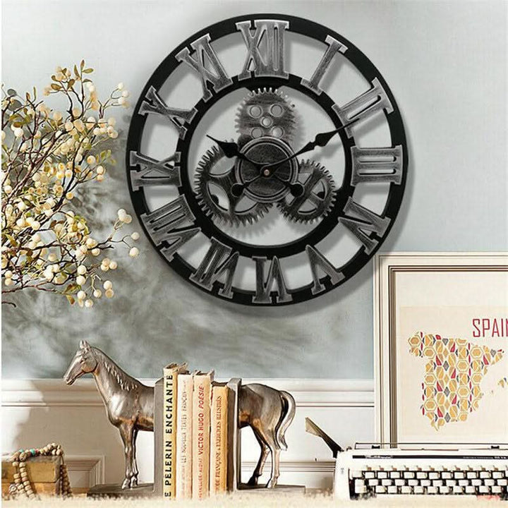 MDF Industrial Wall Clock for living room decor. Large round retro design, accurate quartz movement.