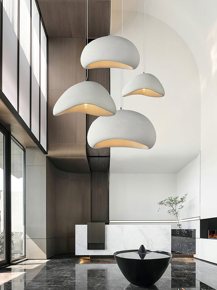 Organic texture Wabi-Sabi cocoon pendant lamp. Modern lighting for serene and minimalist interior decor.
