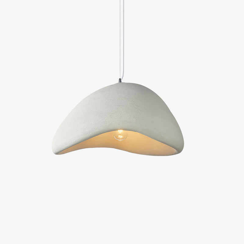 Spherical Wabi-Sabi cocoon pendant light. Organic modern fixture providing soft, diffused ambient lighting.