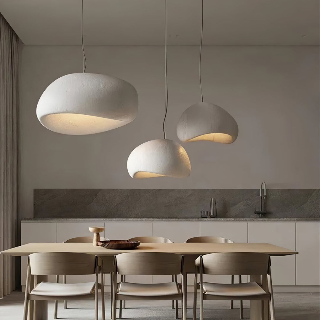 Unique Wabi-Sabi fabric cocoon pendant light. Perfect modern lighting for organic, minimalist bedroom or living areas.