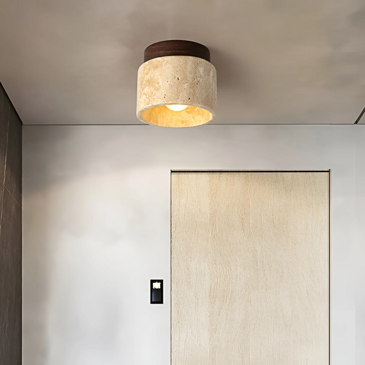 Wabi Sabi Japanese ceiling lamp with natural wood frame & TranquilStone marble shade, perfect for minimalist decor.
