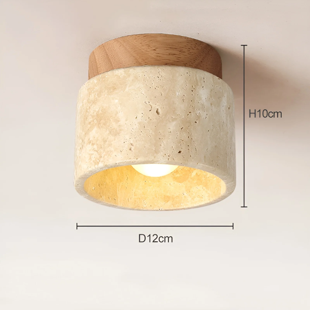 Elegant Wabi Sabi ceiling light featuring a natural wood frame and soft TranquilStone marble, ideal for ambient lighting.
