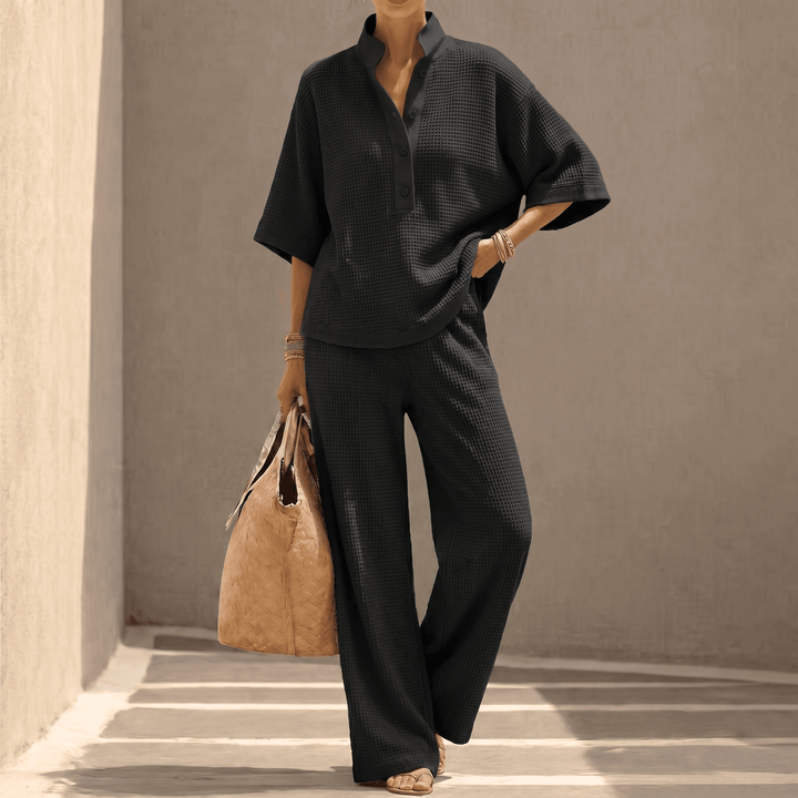 Versatile women's two-piece waffle set, ideal for spring & summer casual outfits, with a relaxed fit.