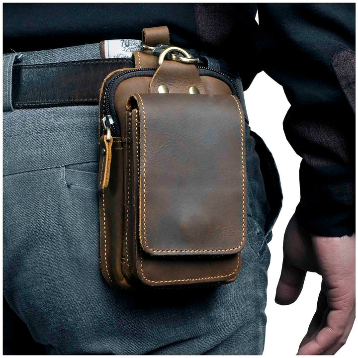 Vintage brown unisex waist pack for everyday carry. Secure & stylish hands-free travel bag.