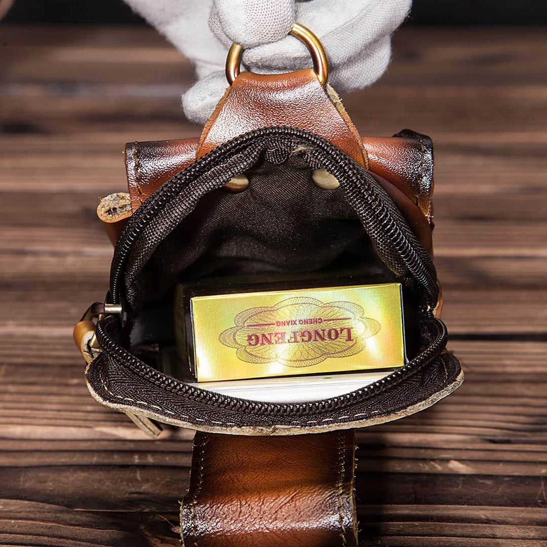 Person wearing a vintage brown unisex waist pack. Ideal for secure everyday carry & travel.