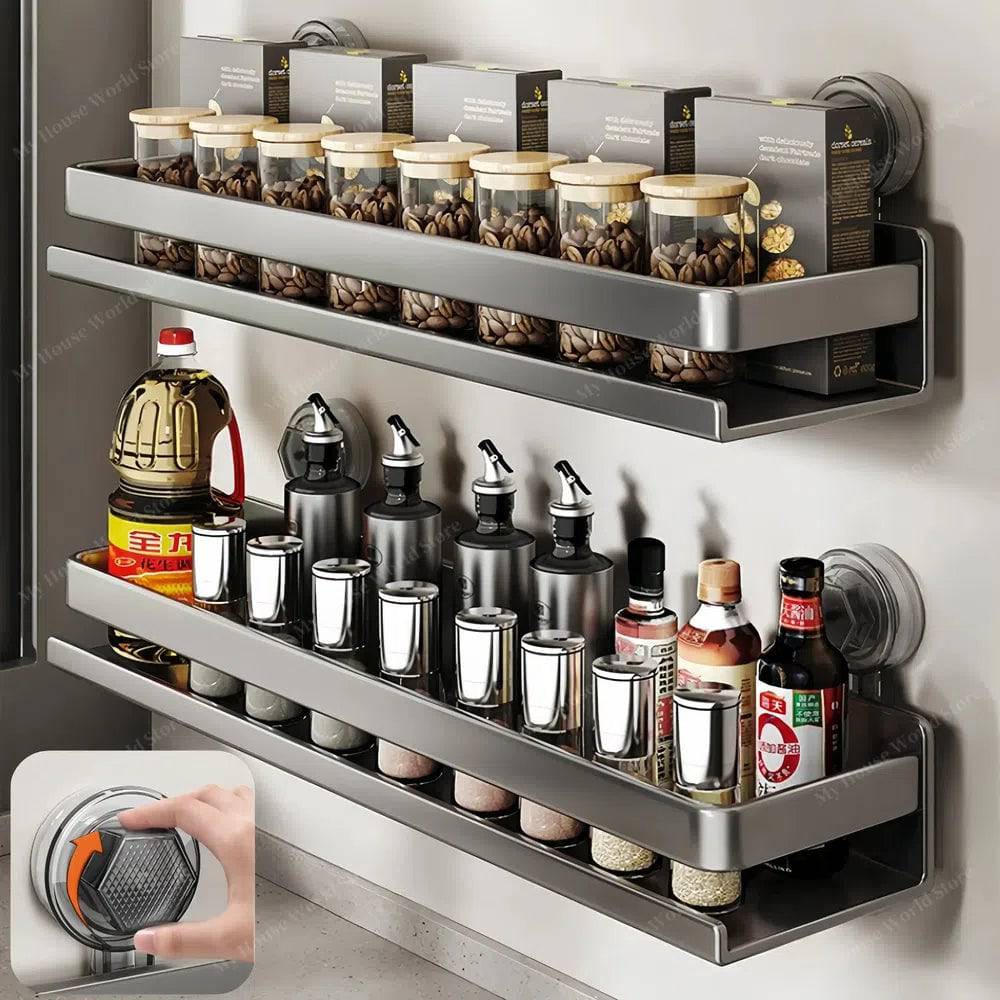 Stainless steel wall mounted spice rack with strong suction cups, drill-free kitchen organizer.