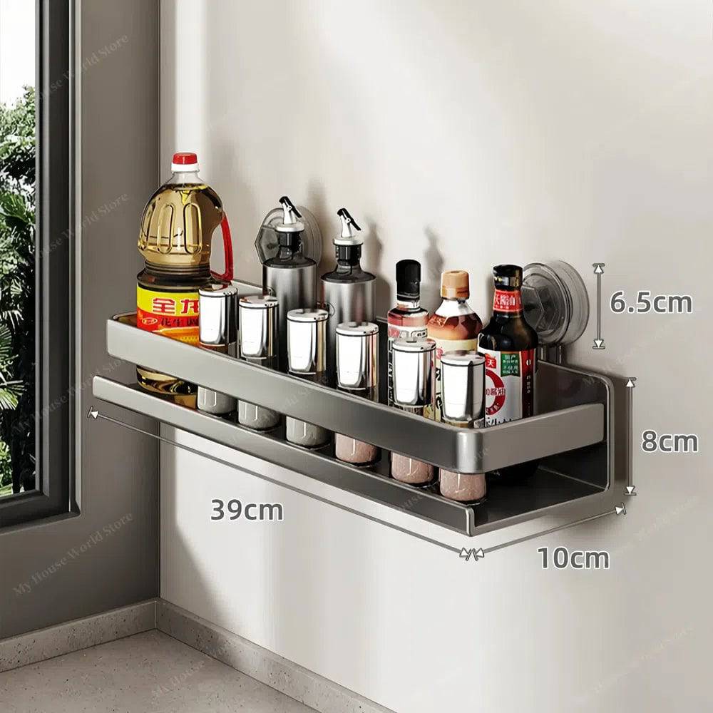 Declutter kitchen with a no-drill suction cup spice rack. Perfect wall mounted storage solution.