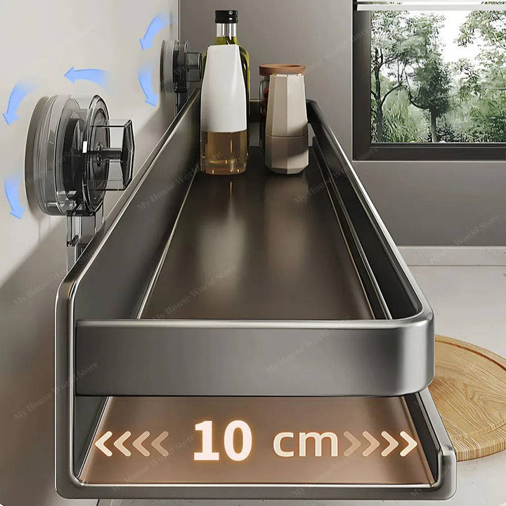 No-drill wall mounted spice rack. Stainless steel suction cup organizer for smart kitchen storage.