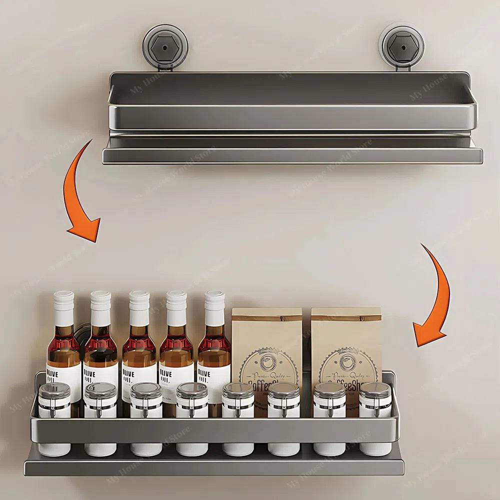 Easy-install suction cup spice rack. Wall mounted stainless steel storage for kitchen organization.