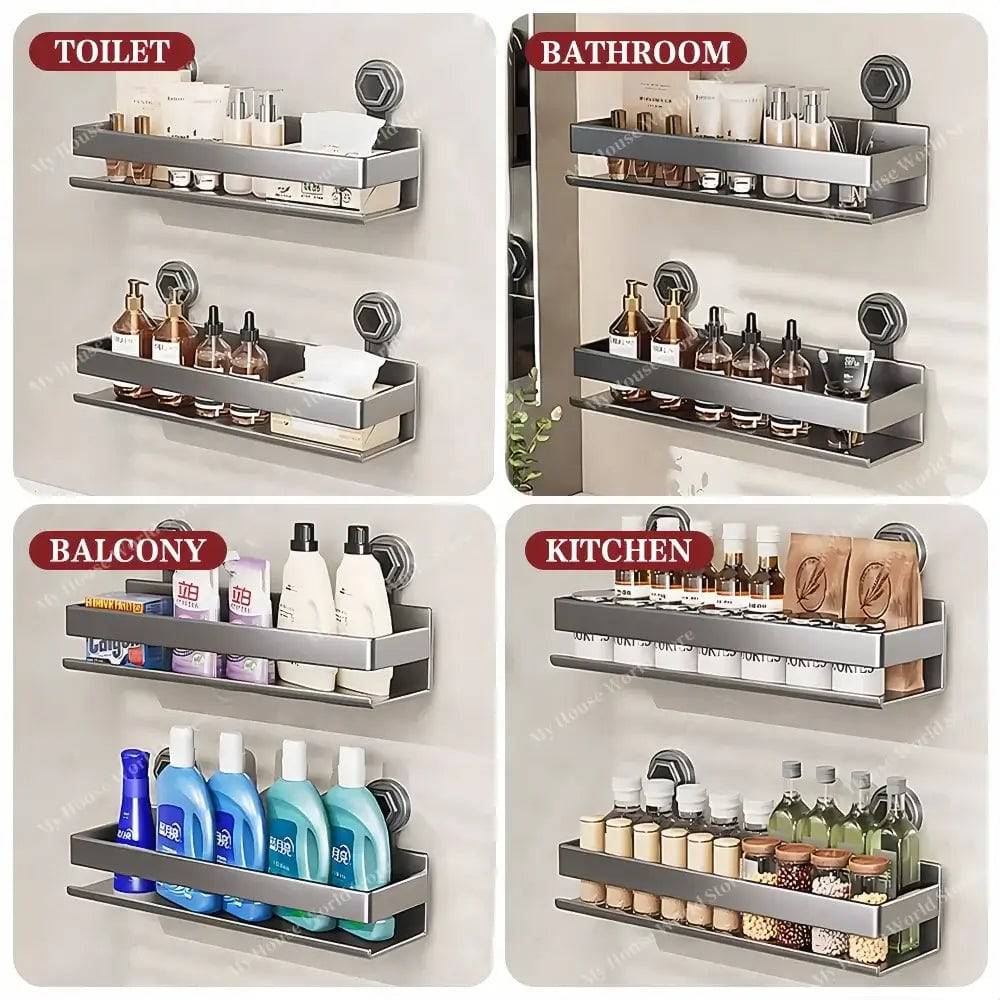Sleek stainless steel wall mounted spice rack with strong suction cups for modern kitchen storage.