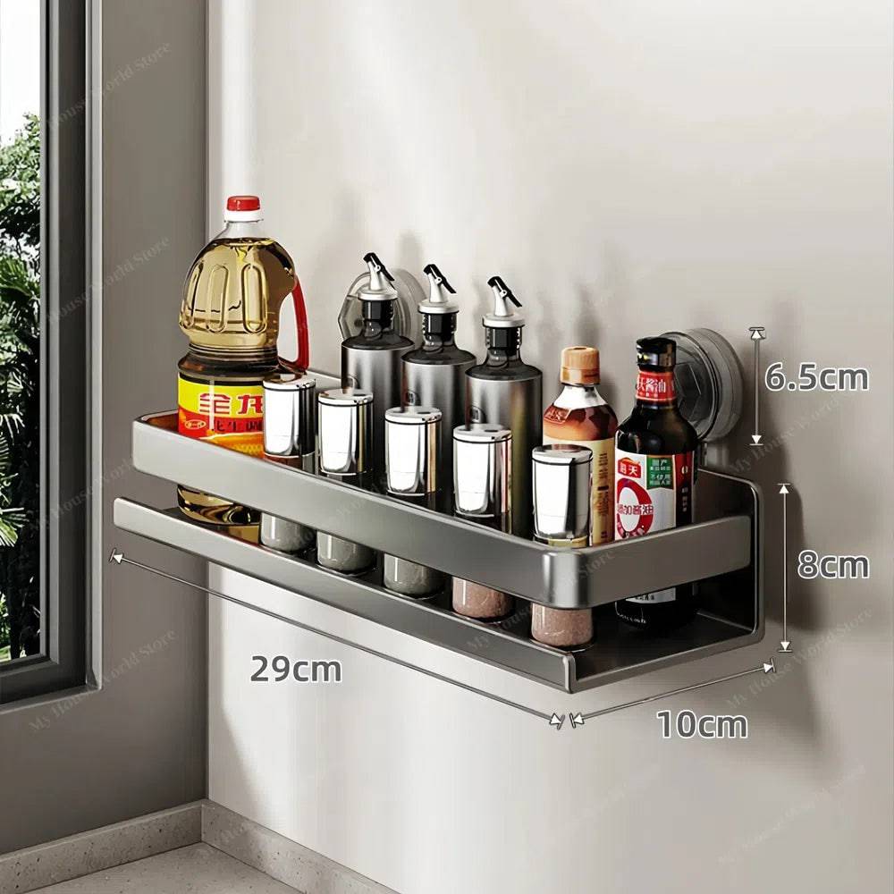 Kitchen wall mounted spice rack organizer. Suction cup stainless steel design for drill-free condiment storage.