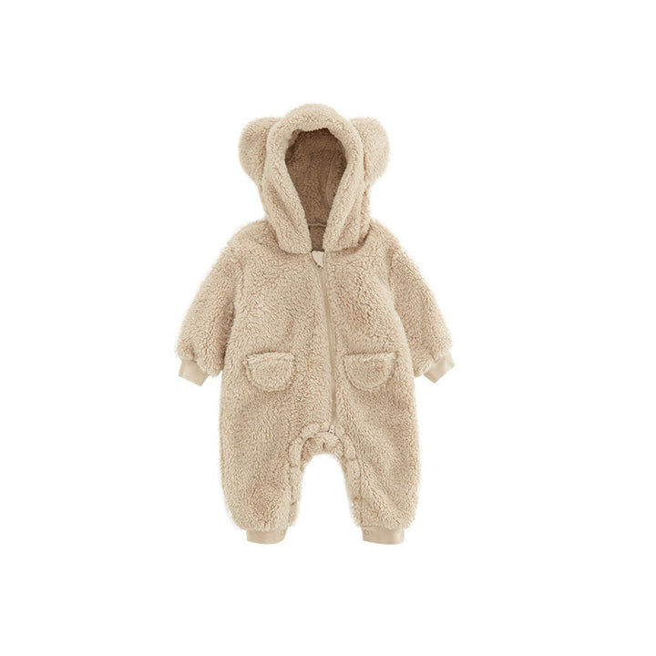 Toddler animal print fleece romper for ultimate warmth. Soft baby winter outfit & cozy sleepsuit.