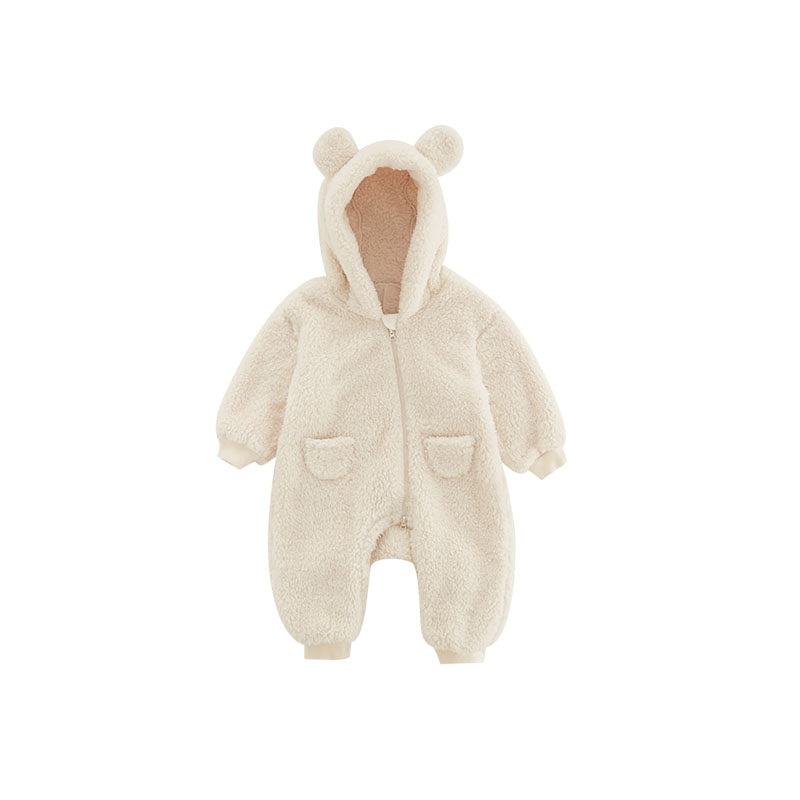 Close-up of a cozy infant fleece romper featuring an adorable animal print. Warm baby outfit for winter.