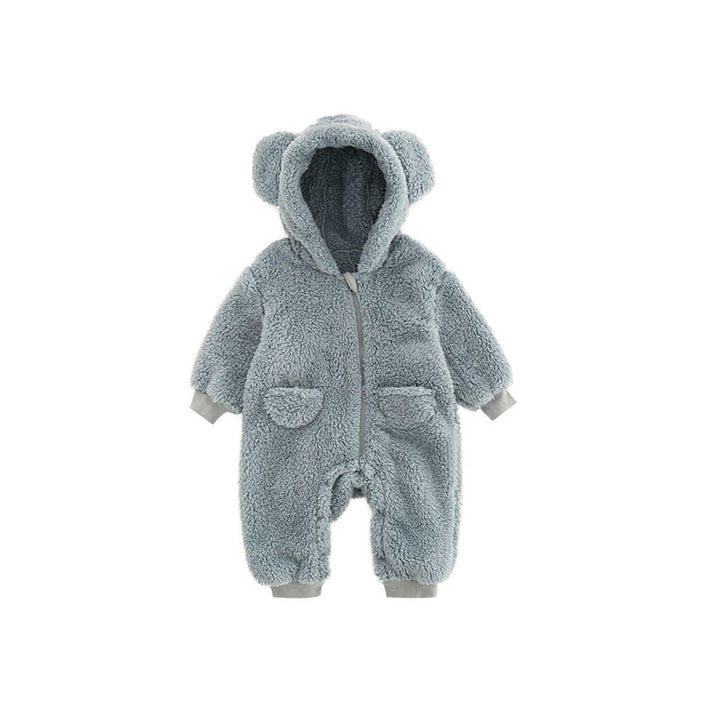 Infant animal print fleece romper, perfect for cozy warmth & playful style. Soft baby winter outfit.