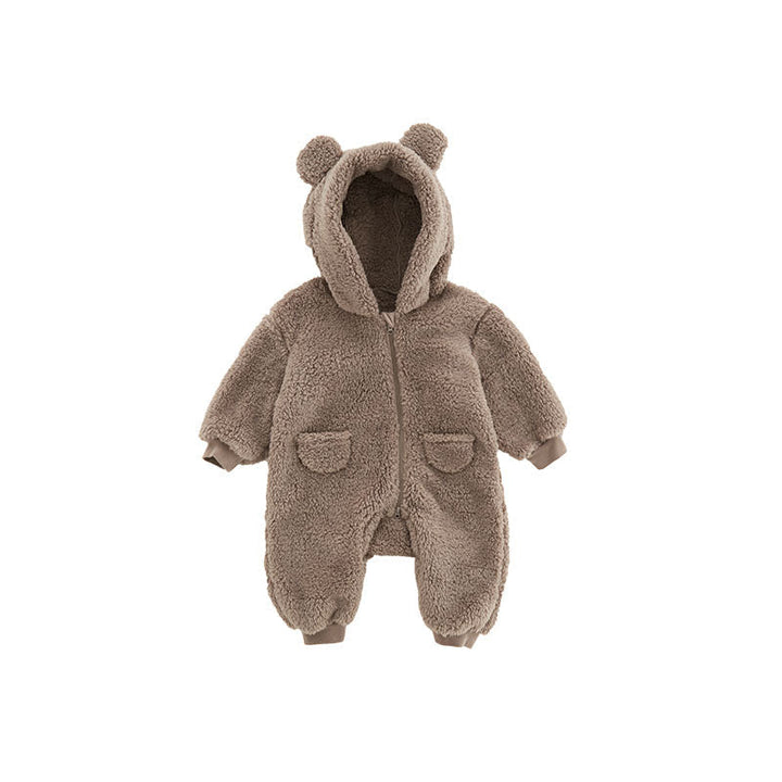Warm baby fleece romper with cute animal print. Ideal infant sleepsuit for chilly weather. Cozy & comfy.