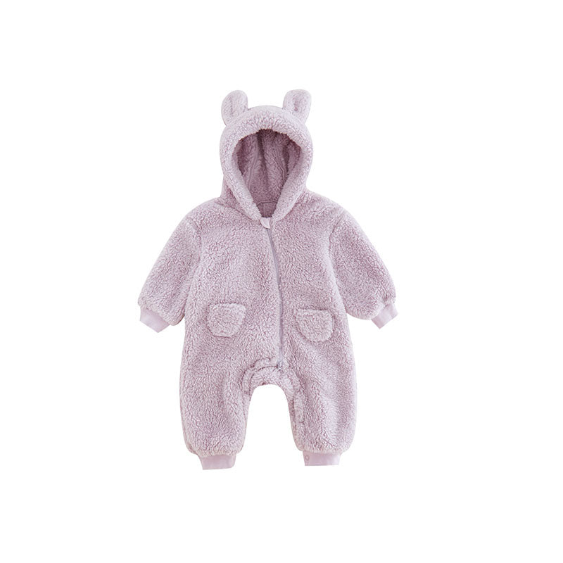 Cute baby animal print fleece romper, perfect for keeping infants warm & stylish during cold months.