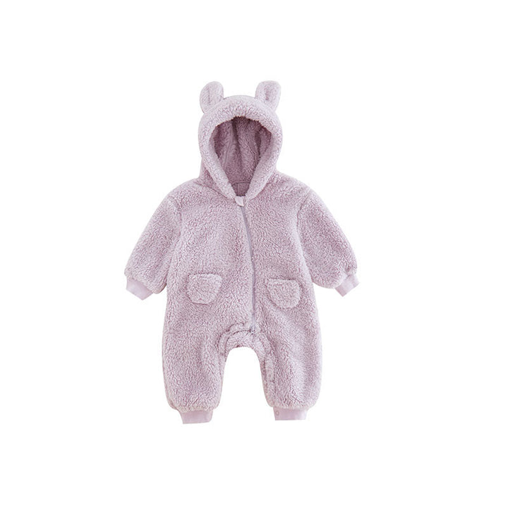 Cute baby animal print fleece romper, perfect for keeping infants warm & stylish during cold months.