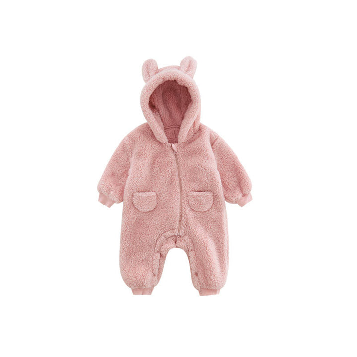 Soft fleece animal print romper for babies. Warm & cozy infant outfit, ideal for winter playtime or sleep.