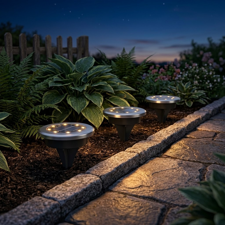 Warm-glow solar path lights illuminate a garden walkway, enhancing outdoor ambiance with sustainable LED lighting.