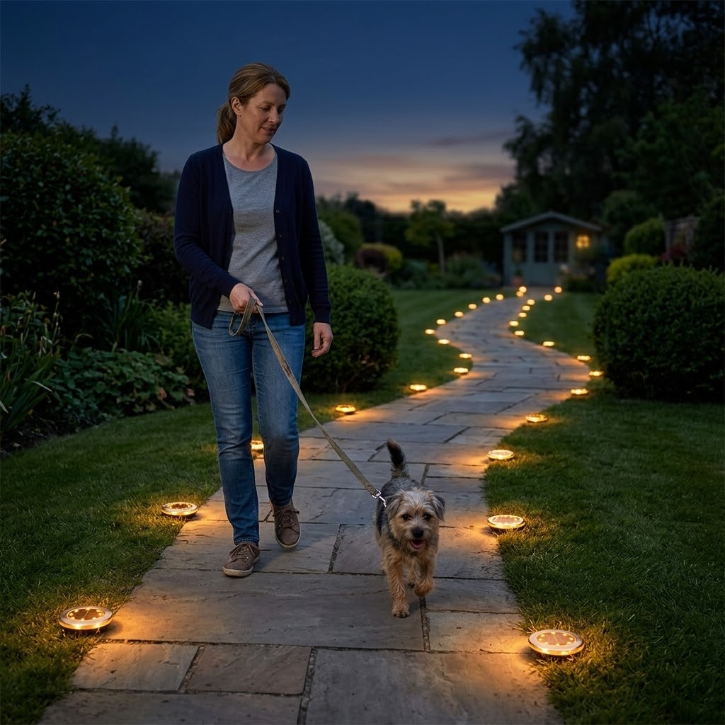 Warm white LED solar path lights, perfect for garden, lawn, or patio outdoor landscape lighting decor.