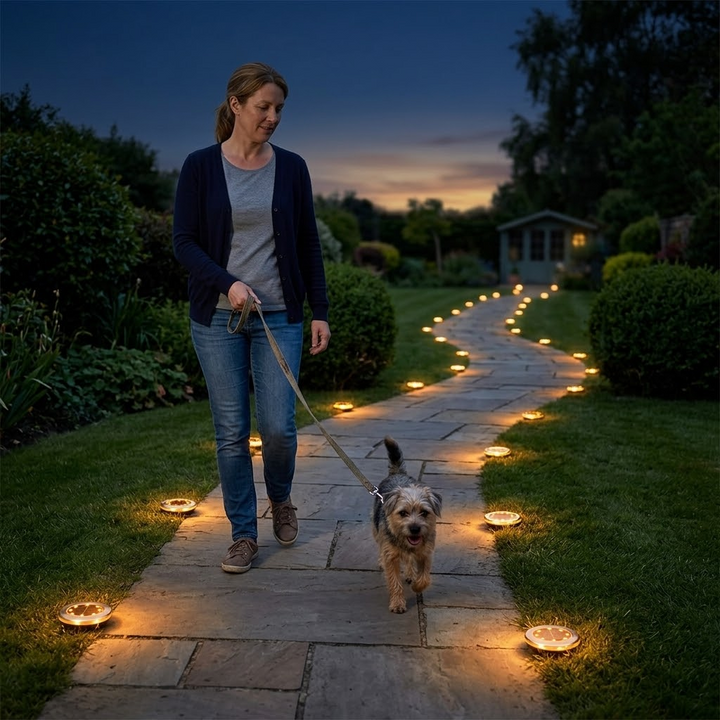 Warm white LED solar path lights, perfect for garden, lawn, or patio outdoor landscape lighting decor.