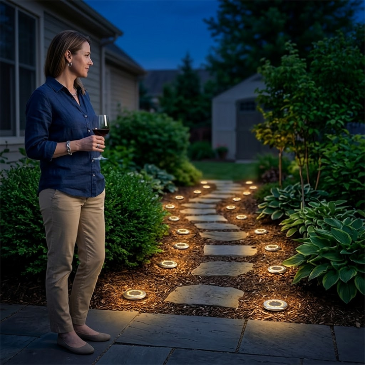 Waterproof solar garden lights providing a warm glow for pathways, driveways, and outdoor landscape illumination.